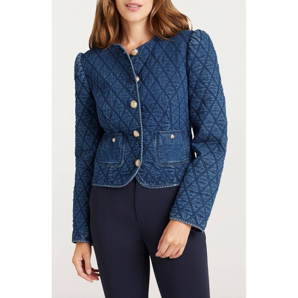 Cinq a Sept Gretchen Quilted Denim‎ Jacket Medium Wash Gold Buttons XS NEW